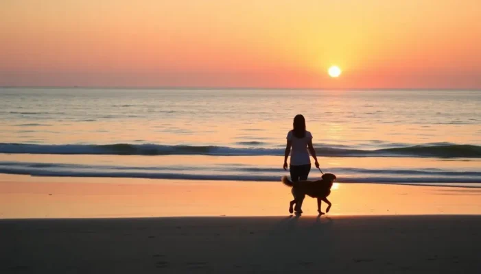 Person walking a dog on the beach at sunset, free of digital devices.