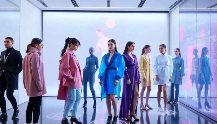 Models with holographic displays showcasing virtual outfits and smart fabrics.