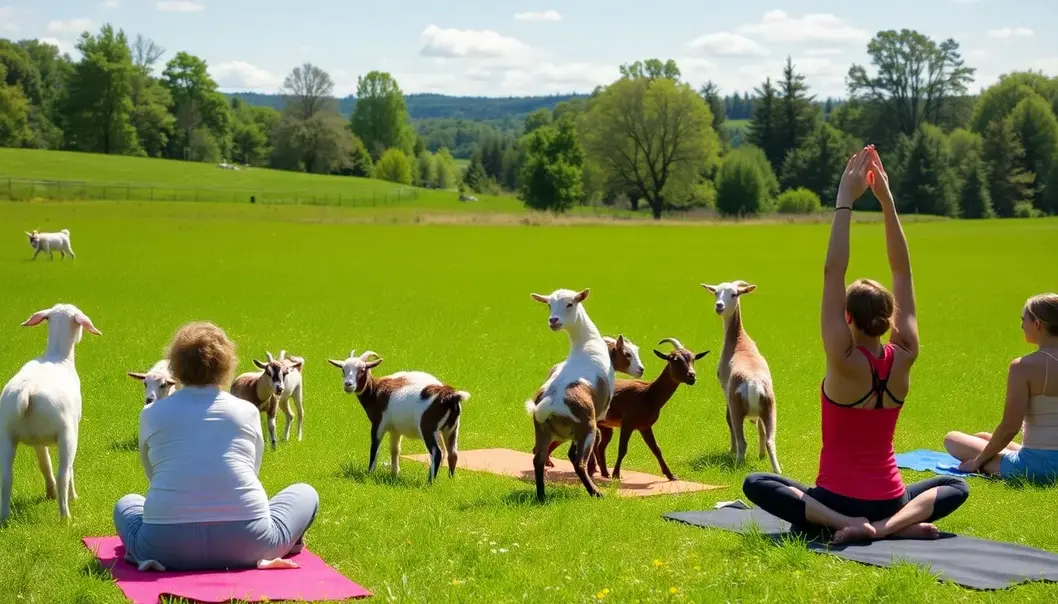 Participants balancing their chakras and goat companions in a yoga session.