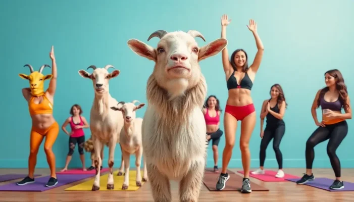 A photorealistic collage displaying various quirky fitness trends including goat yoga and beer barre.