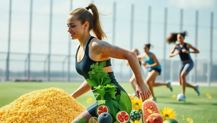 A collage of athletes with superfoods like quinoa and spirulina.