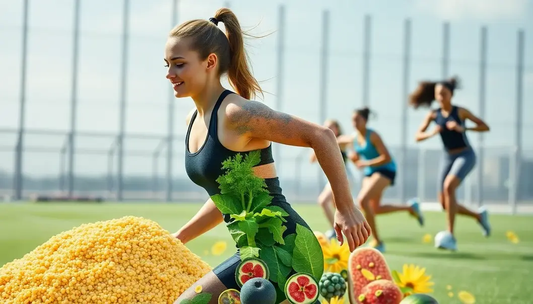 A collage of athletes with superfoods like quinoa and spirulina.