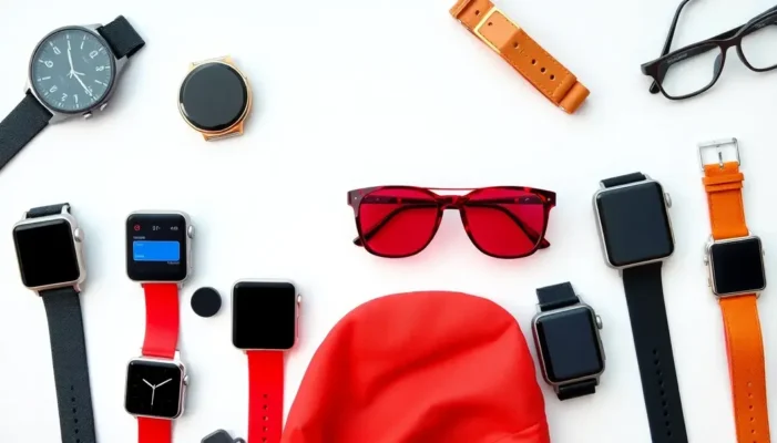 A collage of smartwatches, AR glasses, and fashionable tech accessories on a white background.
